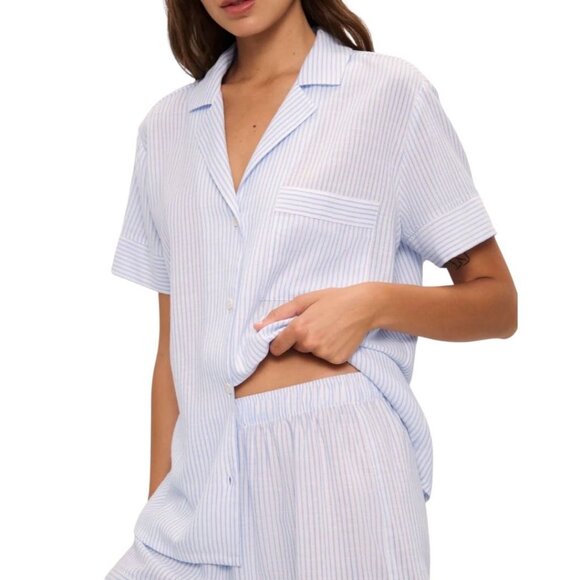 NWT Eberjey Nautico White/Cornflower Blue Button Down Notch Lapel PJ Shirt XL - Picture 2 of 11